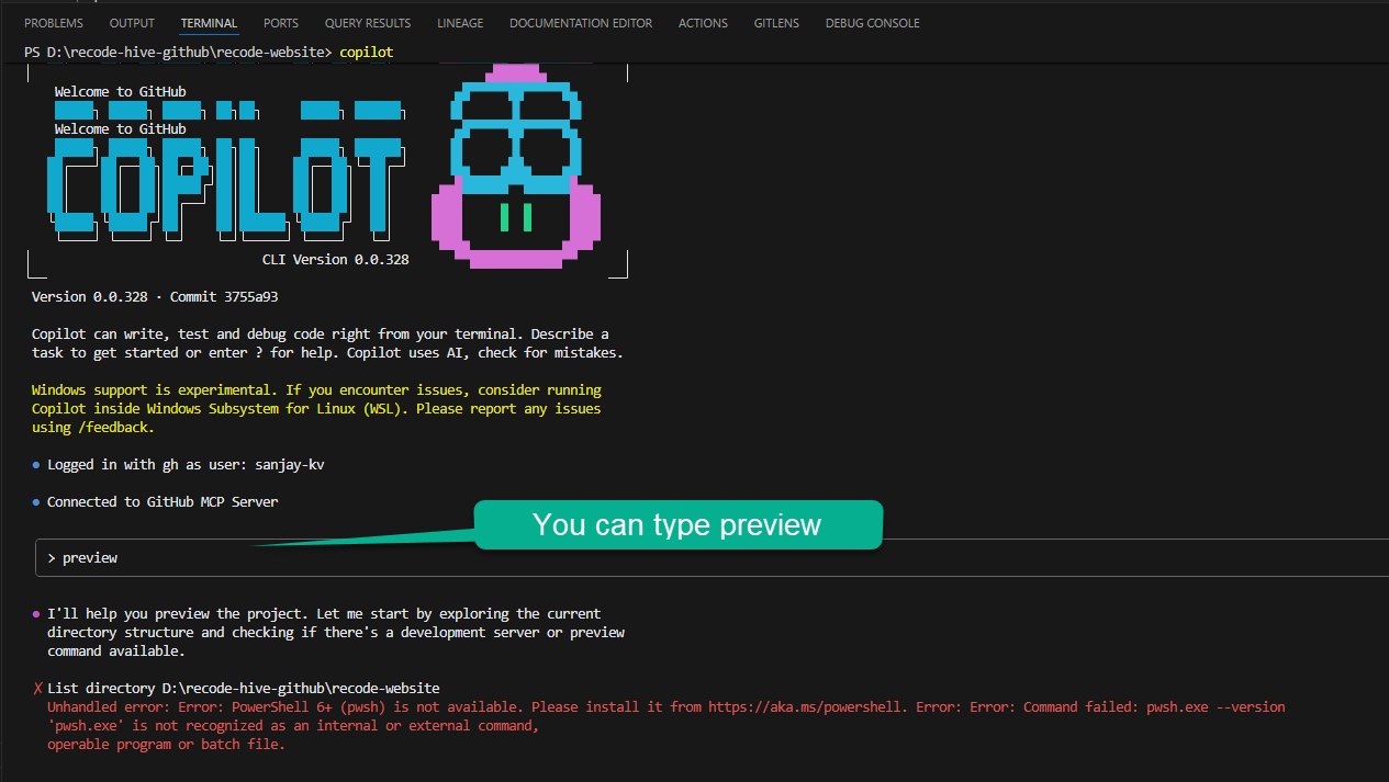 Example output of running GitHub Copilot CLI suggest command